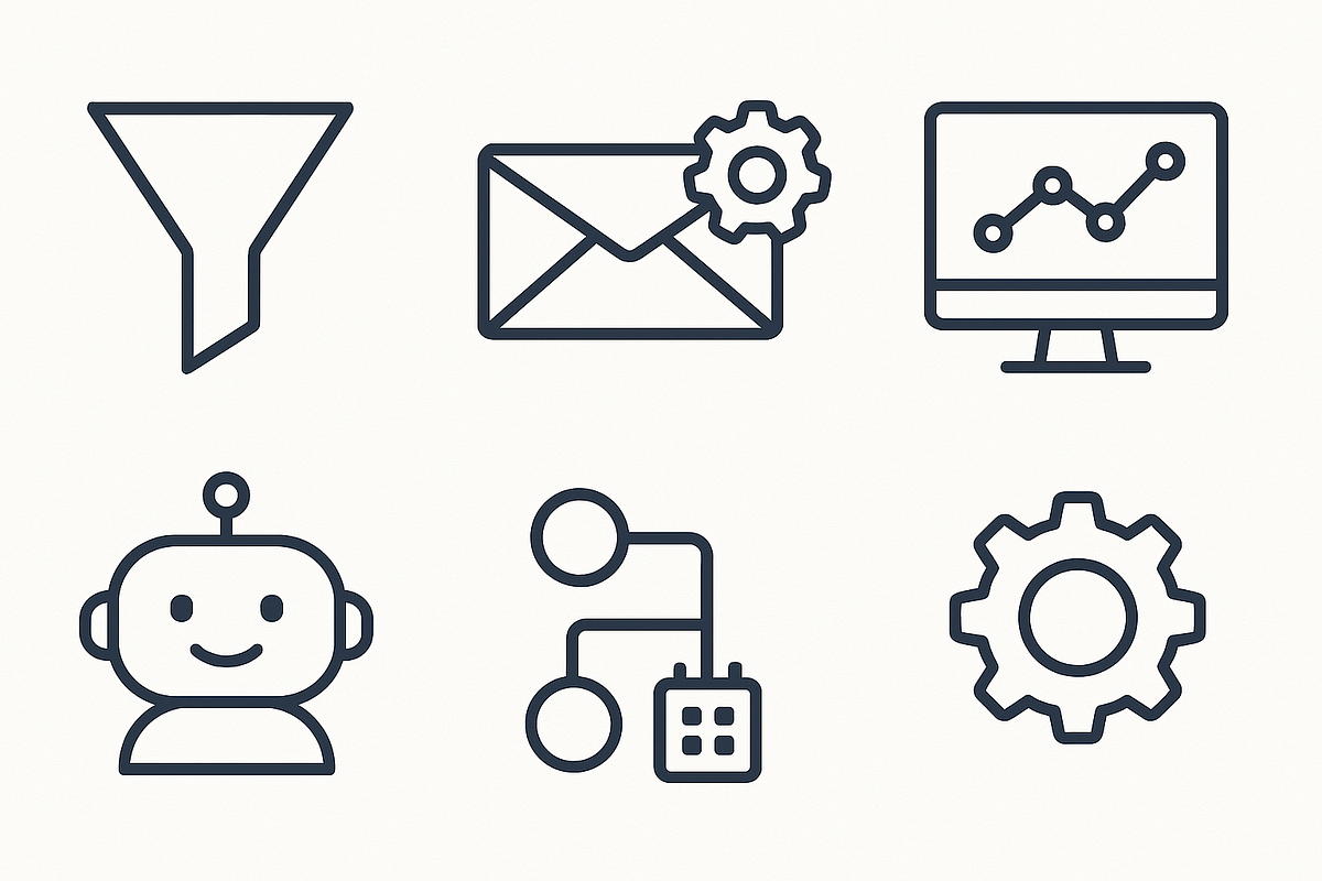 “Icon grid showing key features of a 1 click business system.”