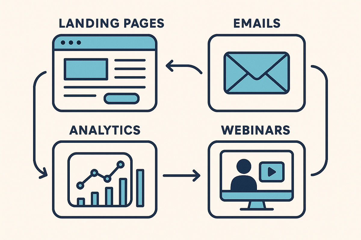 “All-in-one marketing ecosystem illustration showing FunnelCockpit connecting pages, emails, and analytics in one platform.”
