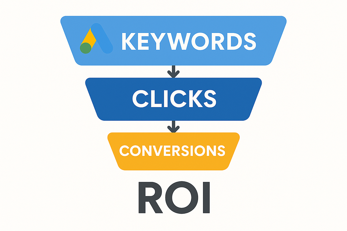 PPC funnel graphic displaying keyword targeting, clicks, and conversions for Google Ads training.