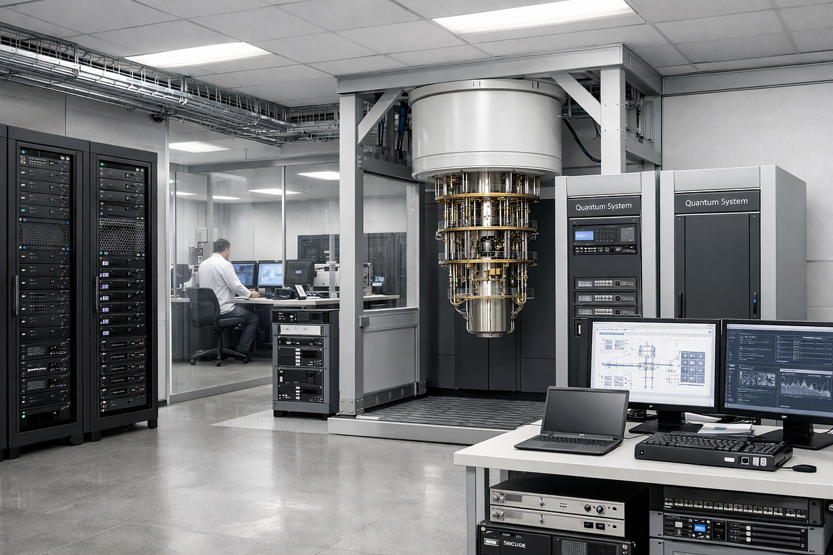 Quantum computing systems integrated into modern technology infrastructure alongside classical computing environments.