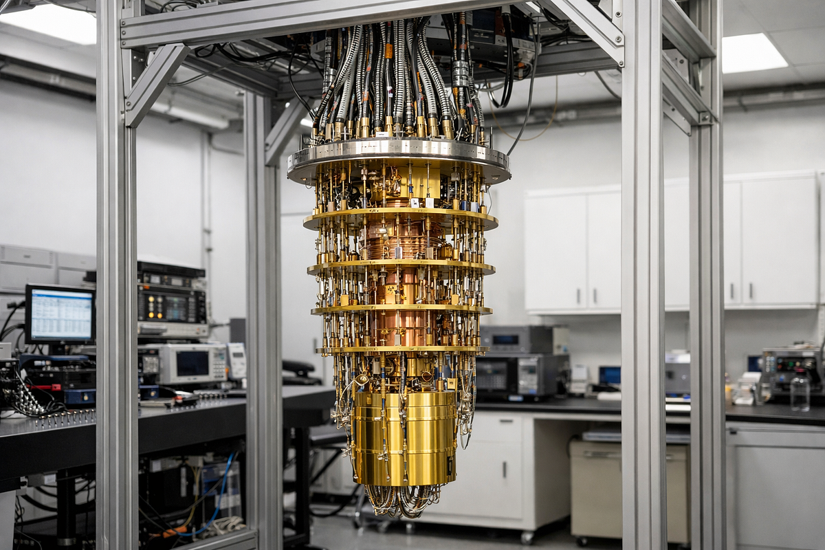 Dilution refrigerator used to cool superconducting quantum processors, with multiple temperature stages and control wiring.