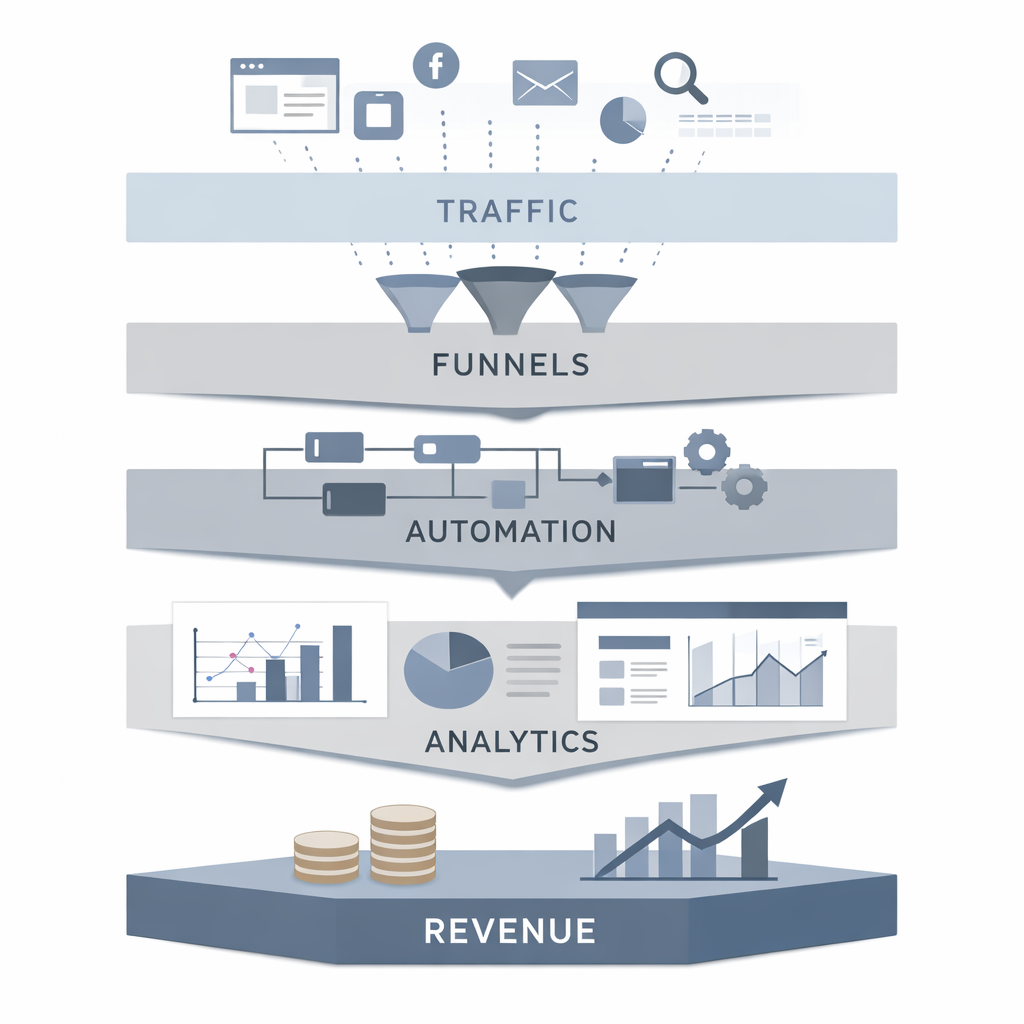 Funnel system architecture showing how traffic, automation, analytics, and revenue connect into a unified strategy.
