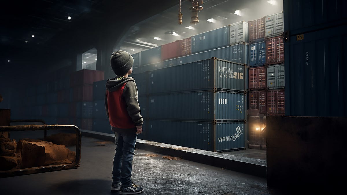 An photo of a young boy looking at the containers on a container ship