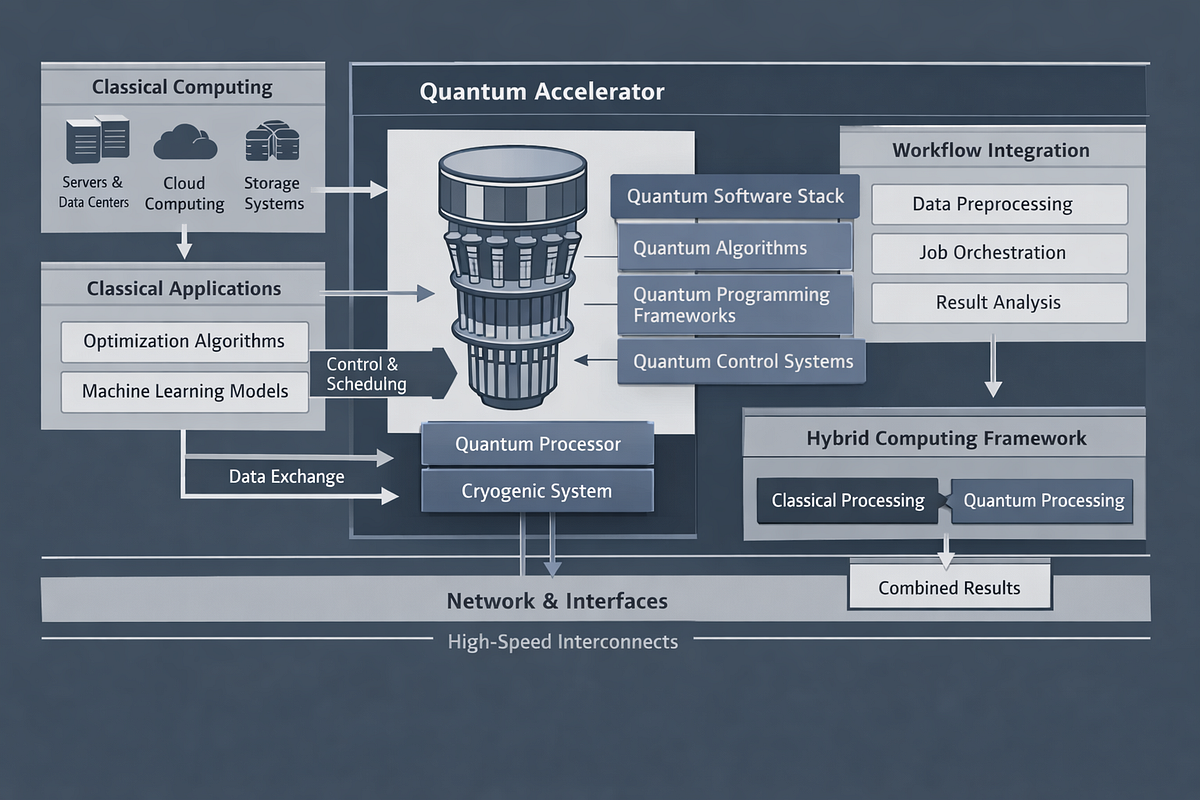 Illustration showing a quantum computer integrated into a broader classical computing system as a specialized accelerator.