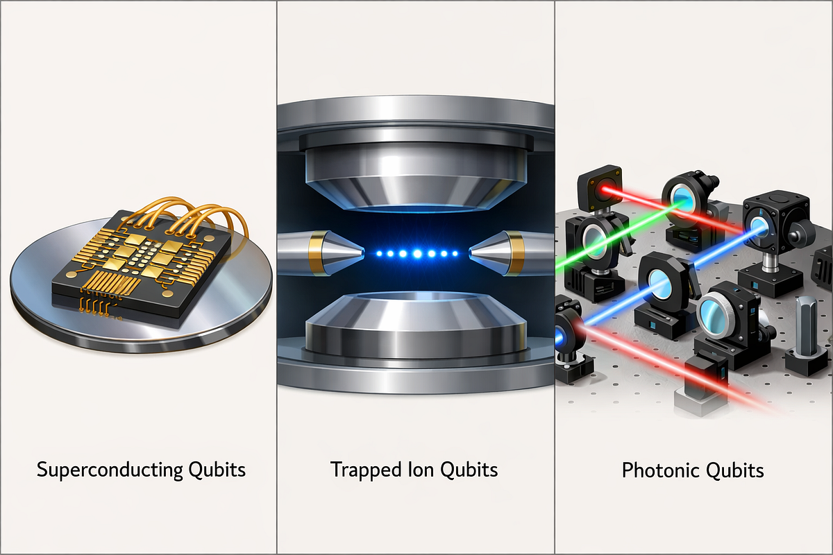 Comparison of superconducting, trapped ion, and photonic quantum computing hardware