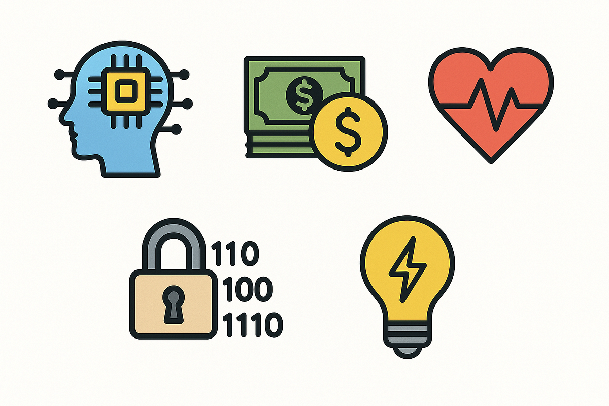 “Visual chart showing applications of quantum computing in AI, finance, healthcare, cybersecurity, and energy.”