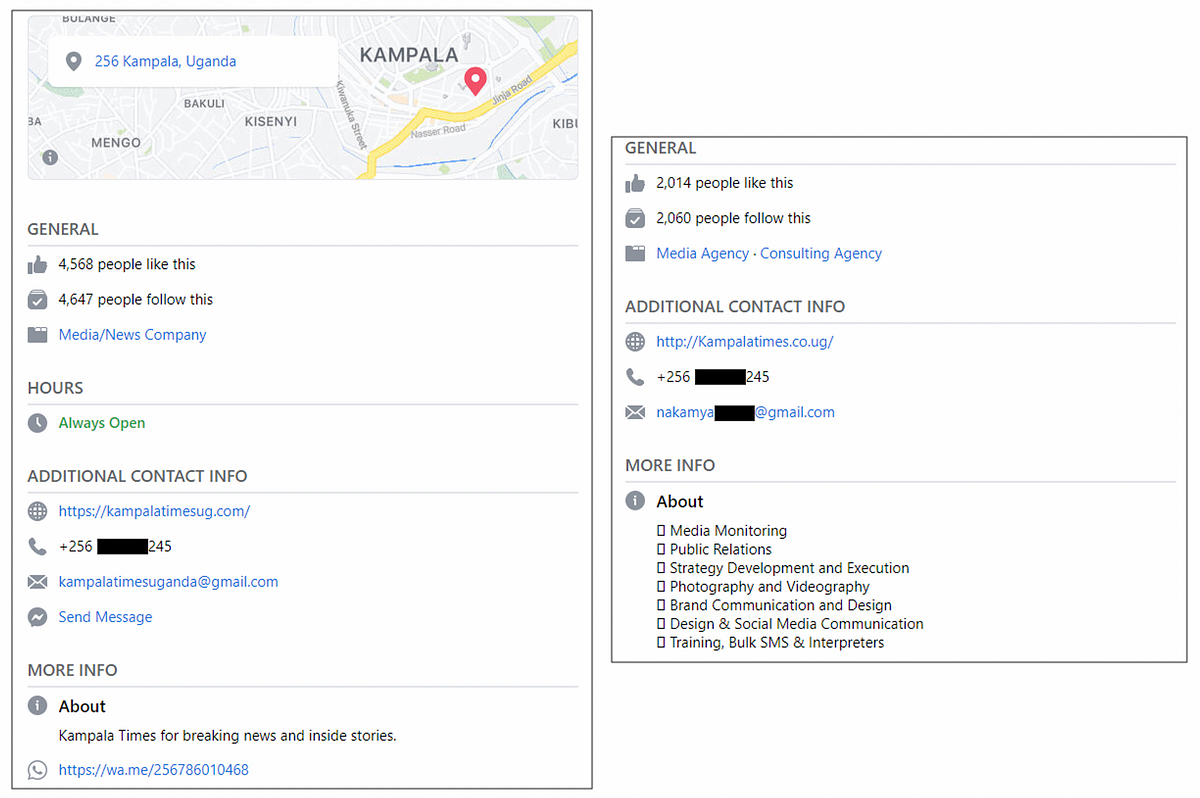 The Facebook “About” pages for Kampala Times (left) and Robusto Communications (right) listed the same contact number. They also both included a link to the Kampala Times website. (Source: Kampala Times/archive, left; RobustoUg/archive, right)