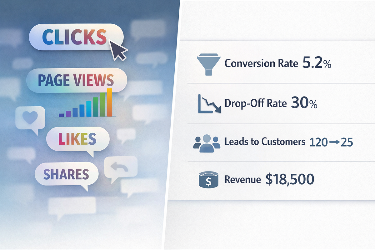 “Comparison between vanity metrics and actionable funnel analytics insights”