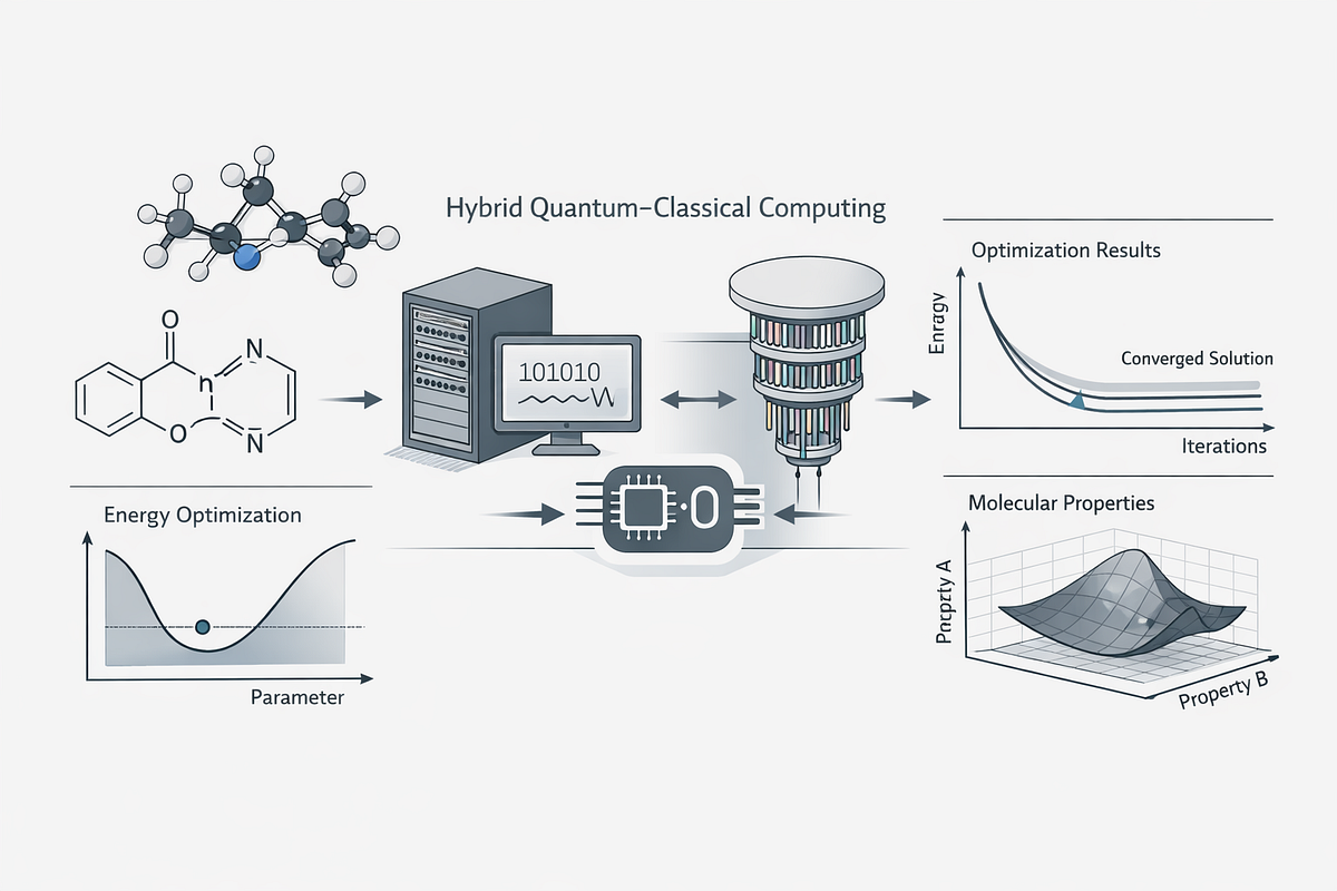 Hybrid quantum–classical system applied to molecular simulation and structured optimization problems.
