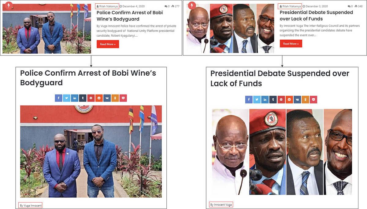 Before clicking through to the actual articles, they appeared to be written by Ritah Nakamya. After clicking on a specific link, the article’s byline changed. (Source: Kampala Times/archive, left; Kampala Time/archive, right)