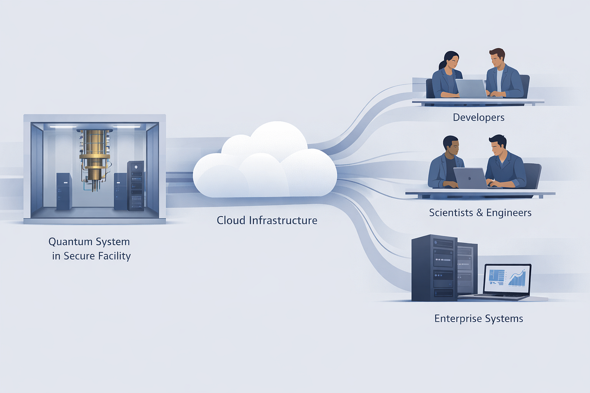 Illustration showing cloud-based access to a quantum computing system integrated with classical enterprise infrastructure.