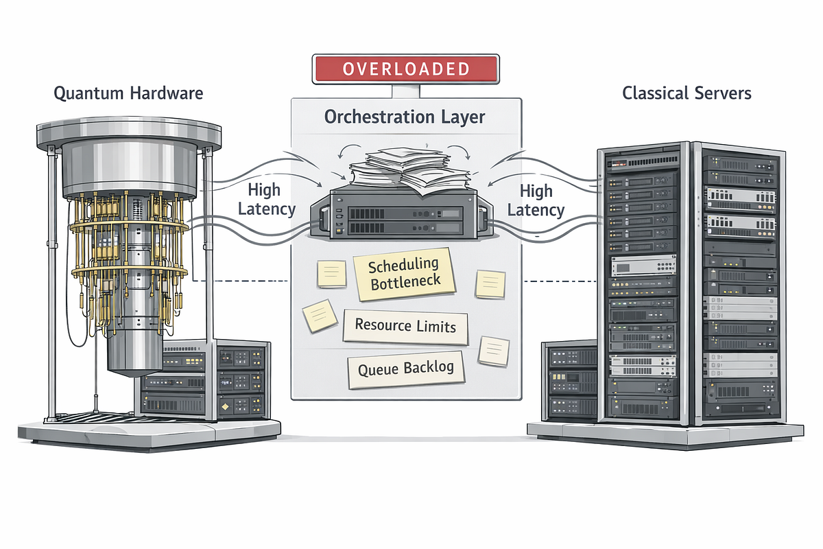 Diagram showing classical–quantum orchestration as the primary bottleneck limiting usable quantum computing performance.