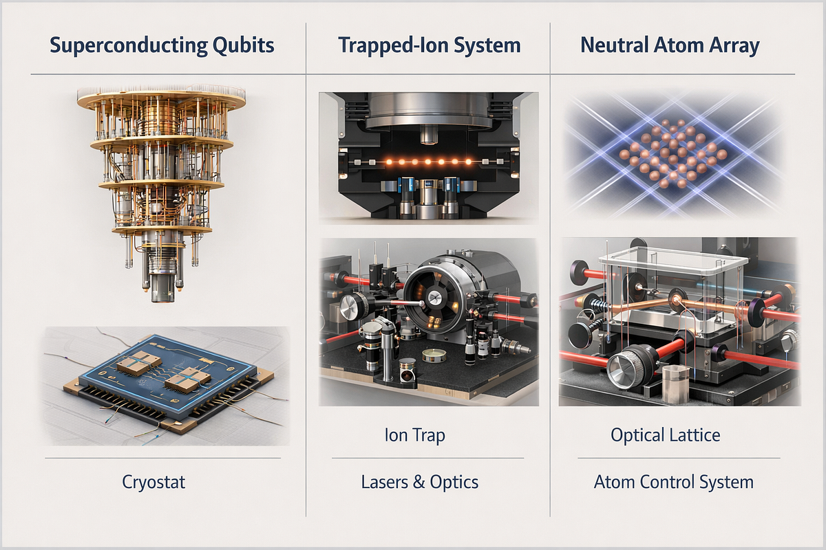 Comparison of leading quantum computing hardware architectures including superconducting qubits, trapped ions, and neutral atoms.