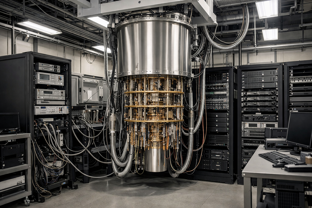 A quantum computing system showing a dilution refrigerator connected to control electronics and classical servers, illustrating quantum computing as an integrated hardware system.