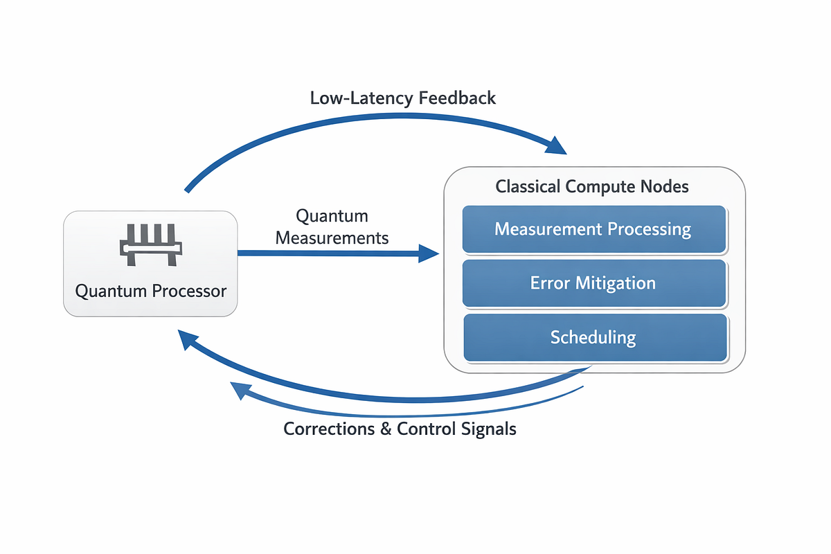 Diagram of a hybrid quantum–classical feedback loop showing real-time interaction between quantum hardware and classical control systems.