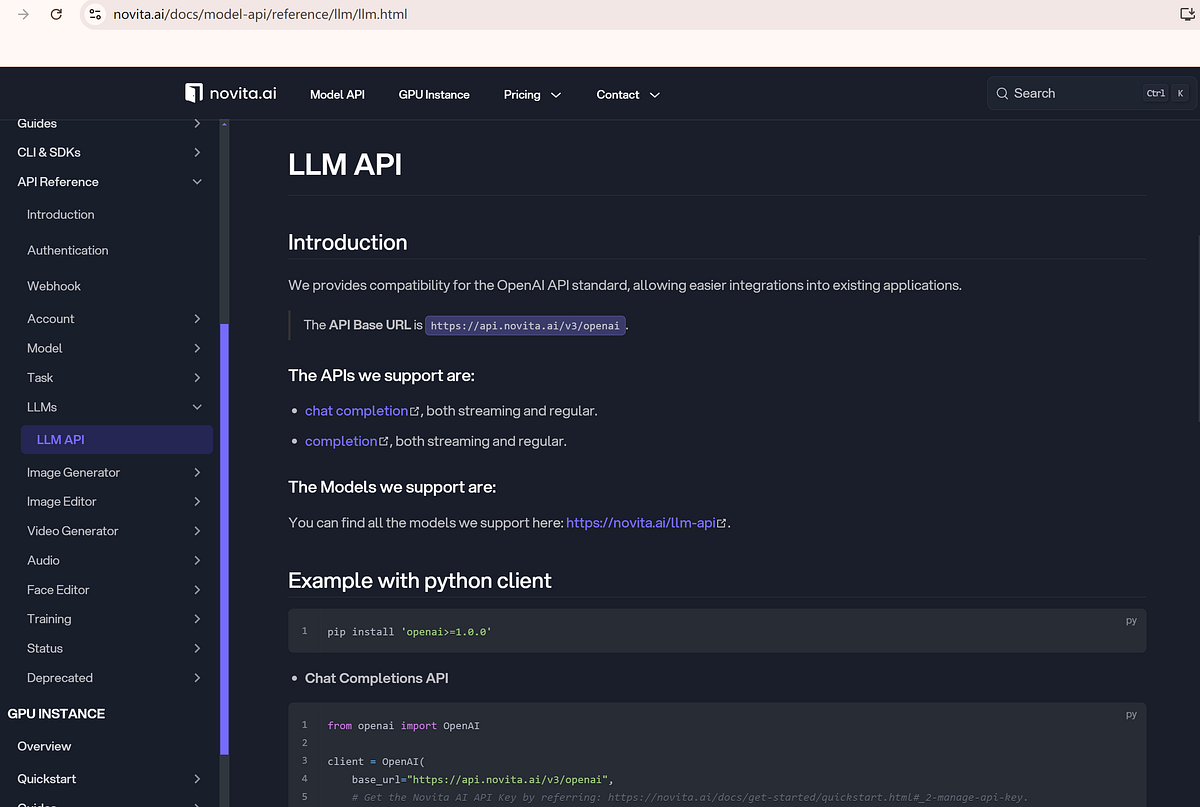 Novita AI LLM API reference, introduction, key steps for integrating