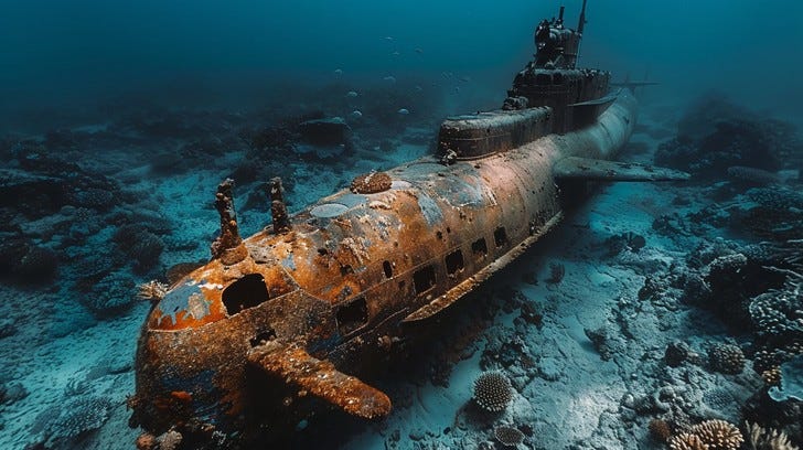 A rusted wreck of a submarine rests in the depths.