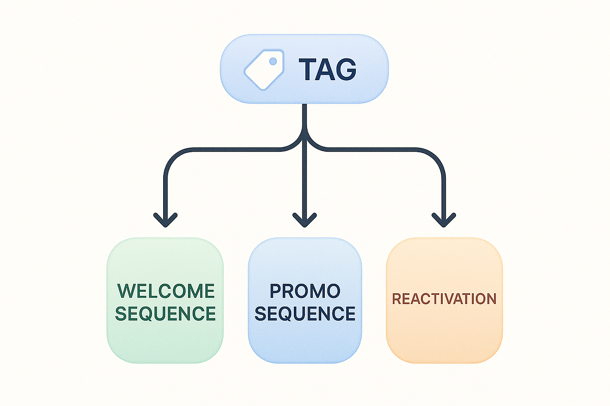 “Flowchart showing how different tags trigger different email automation paths.”