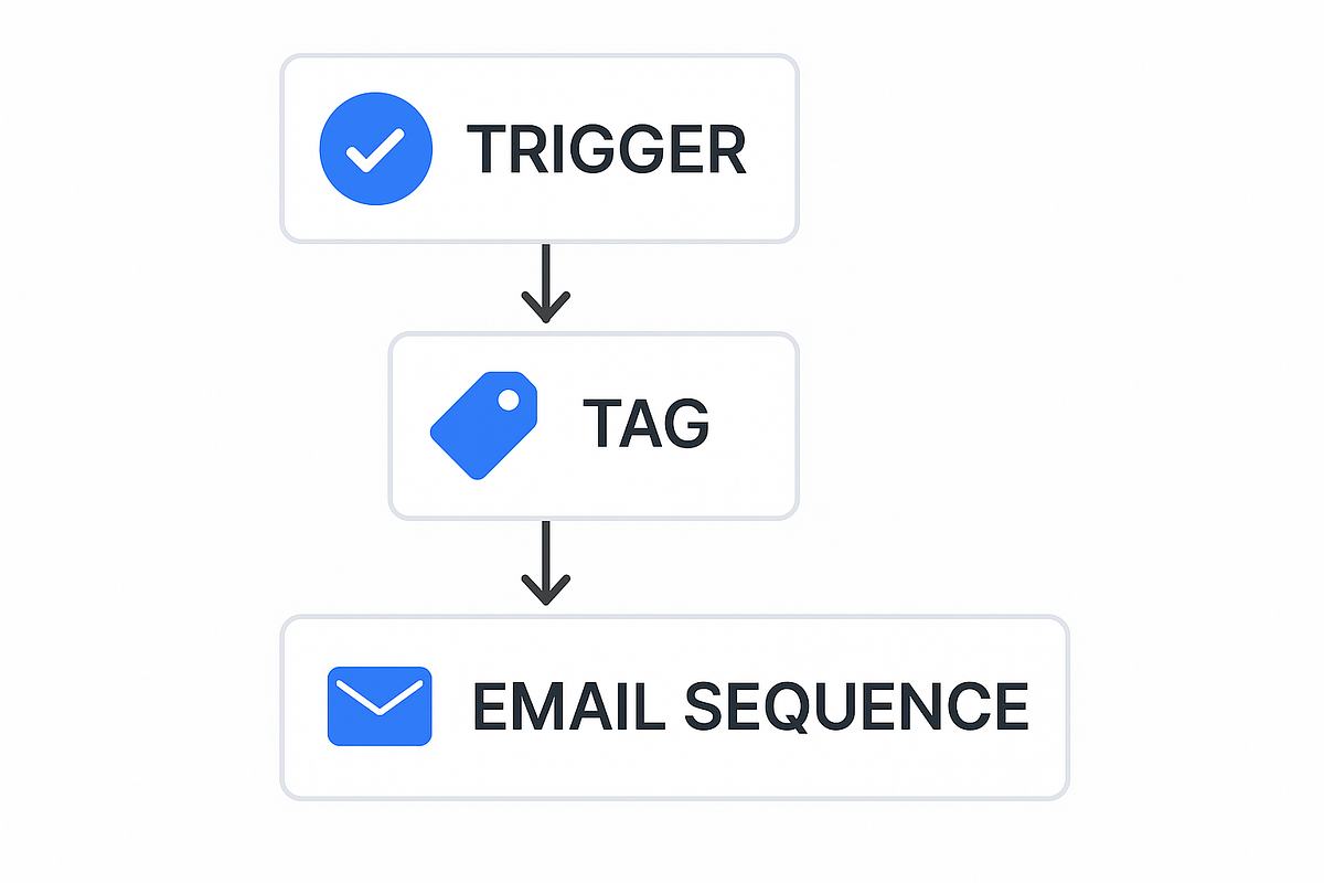 Flowchart illustrating an email automation sequence using tags and behavior triggers.