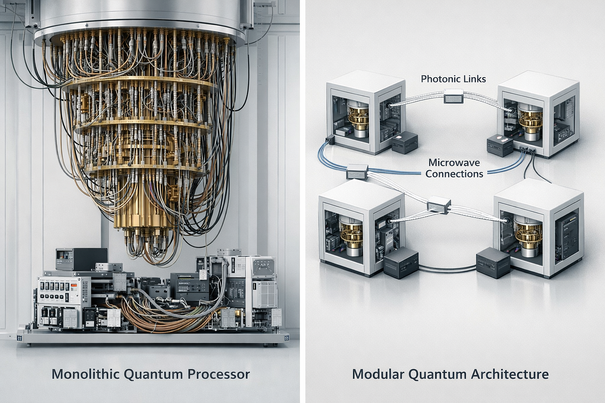 Comparison of monolithic and modular quantum computing architectures highlighting scalable system design.