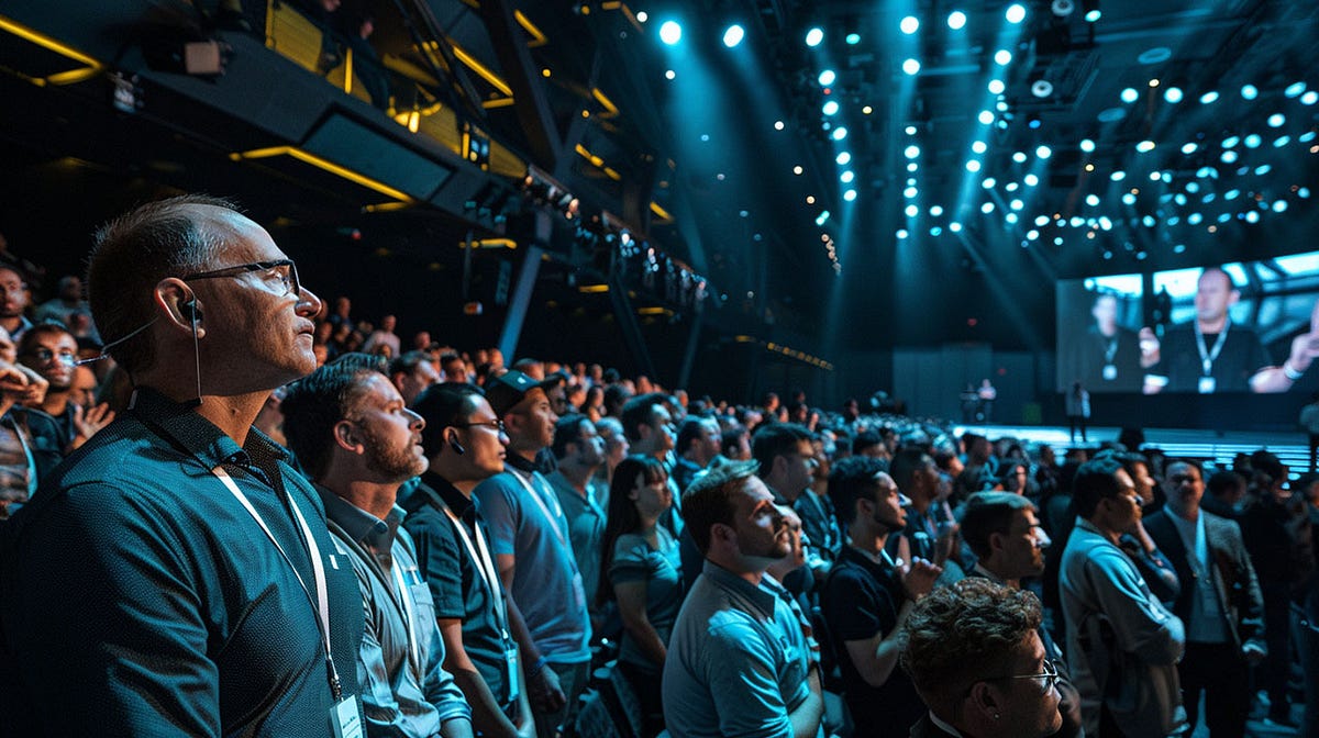 A large audience attentively watches a presentation in a dark, illuminated conference hall, with a large screen displaying a