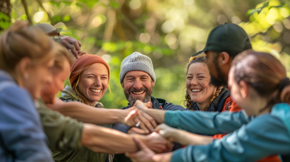 a diverse group of employees participating in a team-building activity outdoors