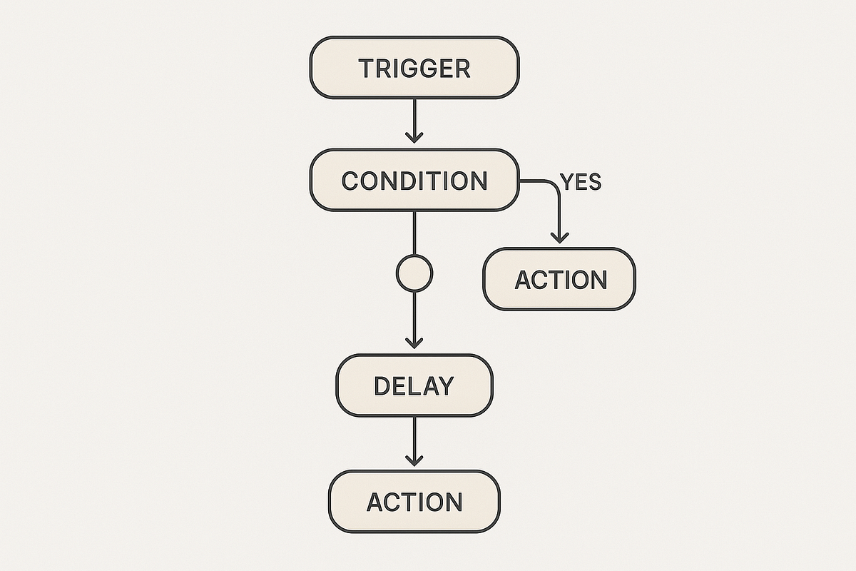Workflow diagram showing an email automation sequence with triggers and branching logic.