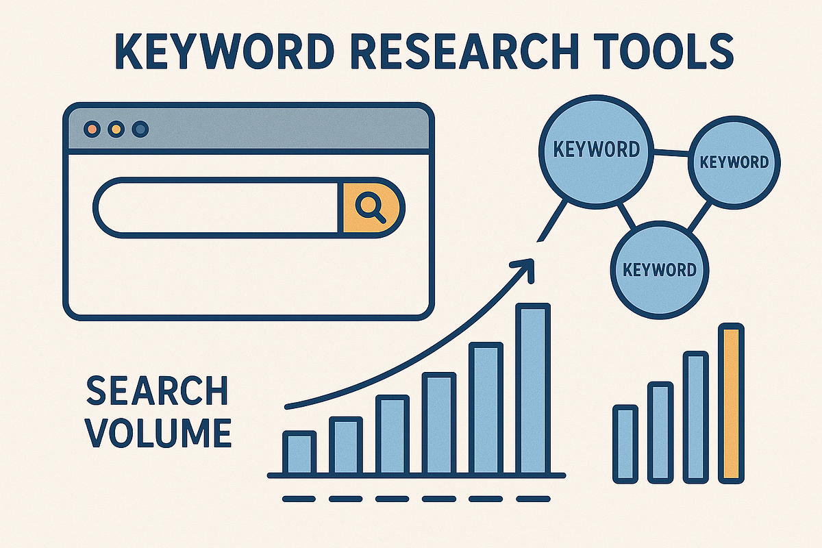 SEO keyword research graphic showing search volume and keyword clusters.