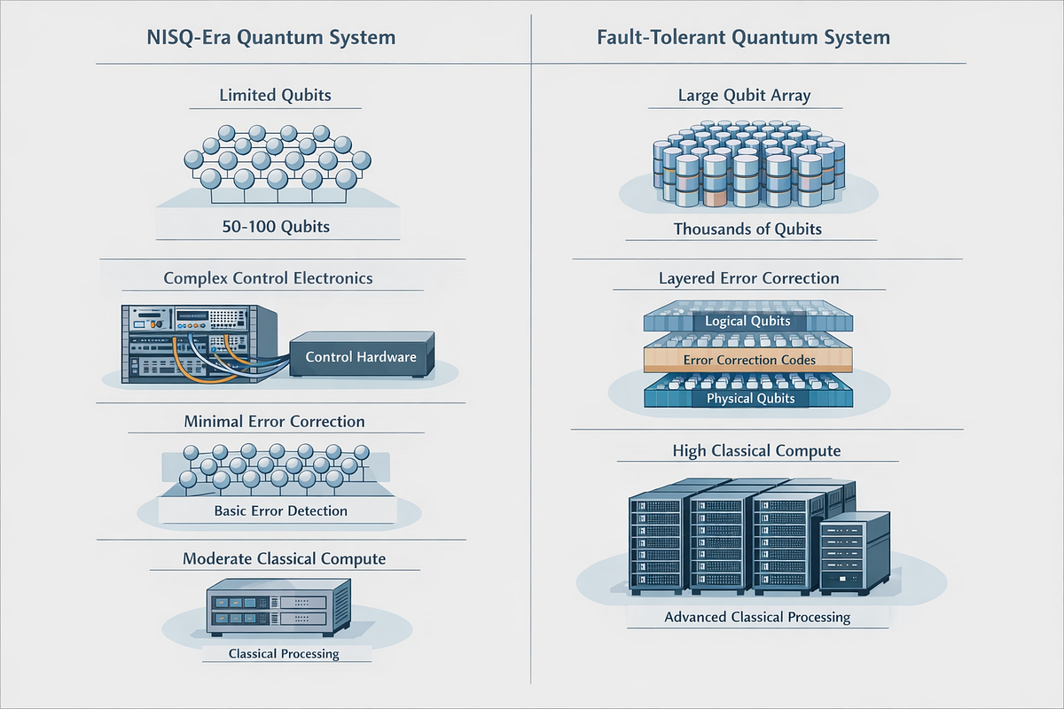 Comparison between NISQ-era quantum computing systems and fault-tolerant quantum architectures.