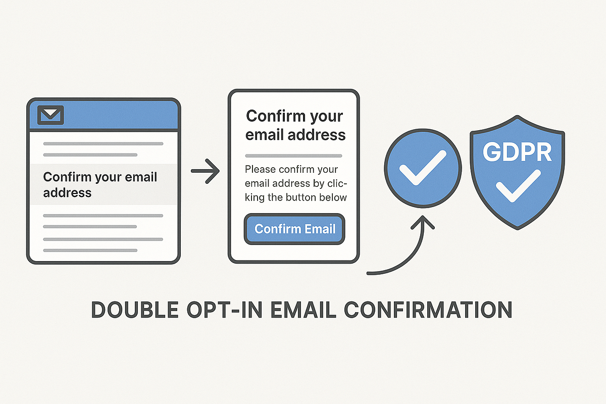 “Double opt-in email confirmation process with a GDPR compliance icon.”