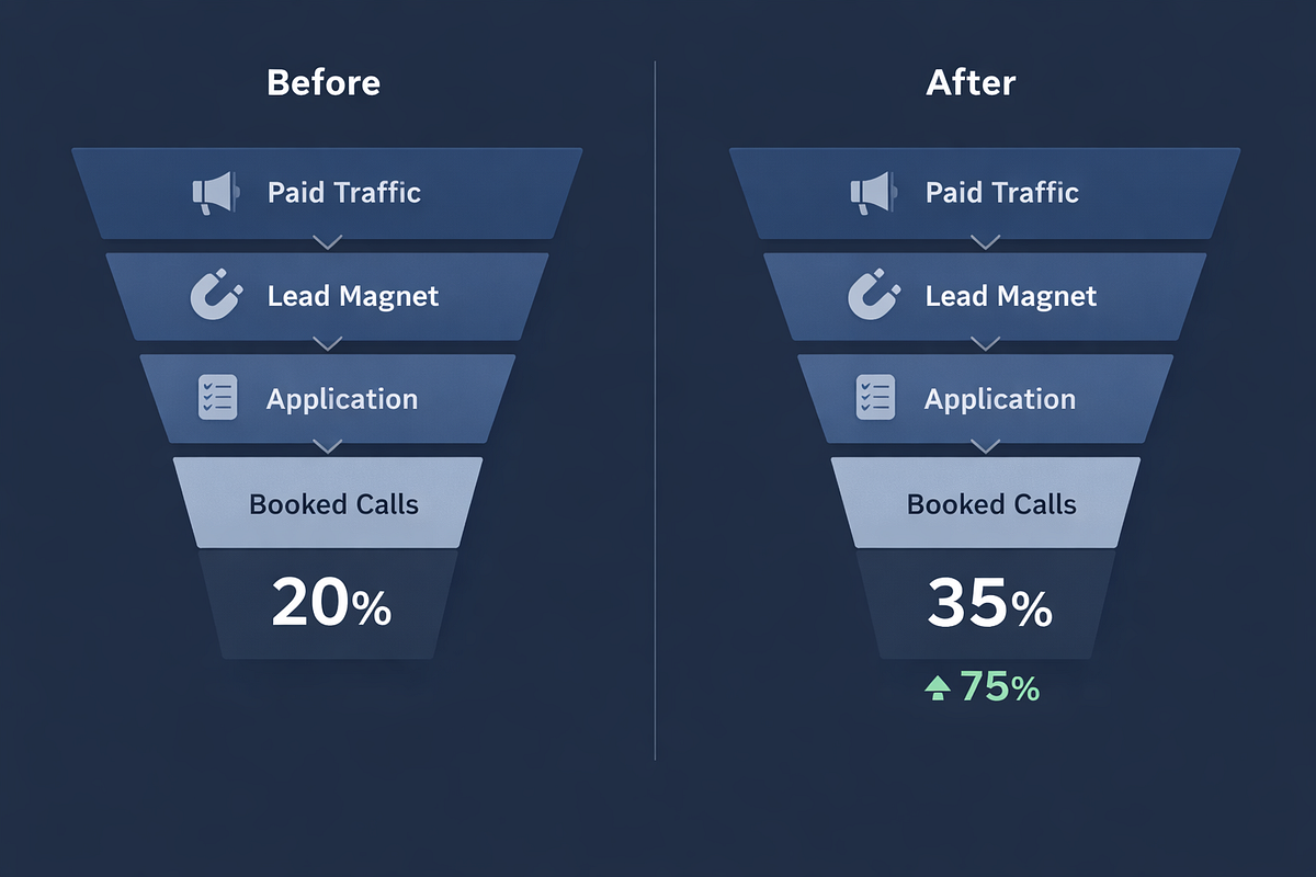 “High-ticket lead generation funnel showing improved application-to-call booking conversion rates.”