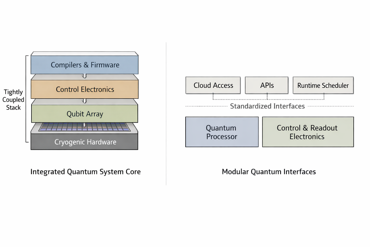 Diagram comparing a vertically integrated quantum system core with modular interfaces at the software and cloud boundaries.