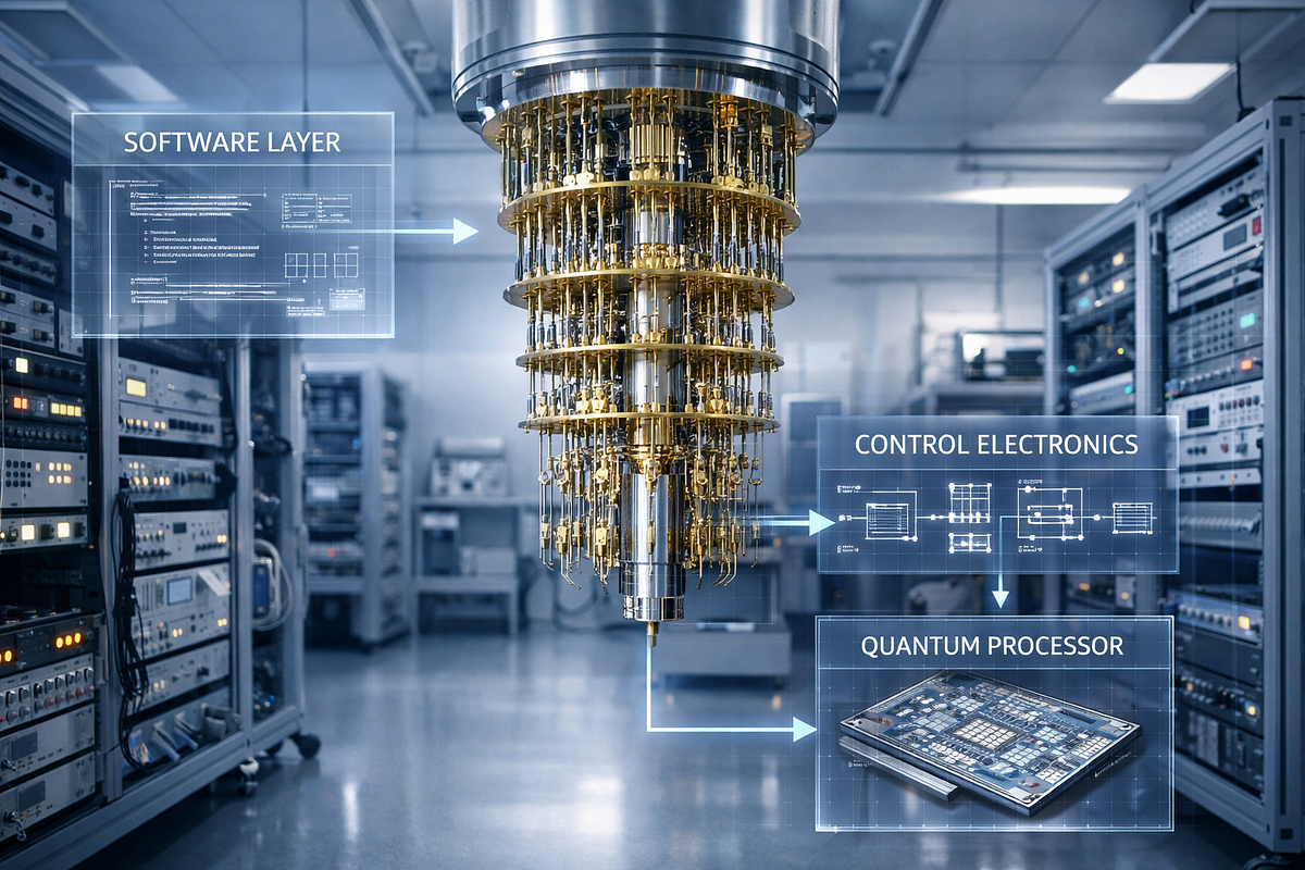Futuristic quantum computing system showing a dilution refrigerator, control electronics racks, and data flow between classical and quantum hardware.