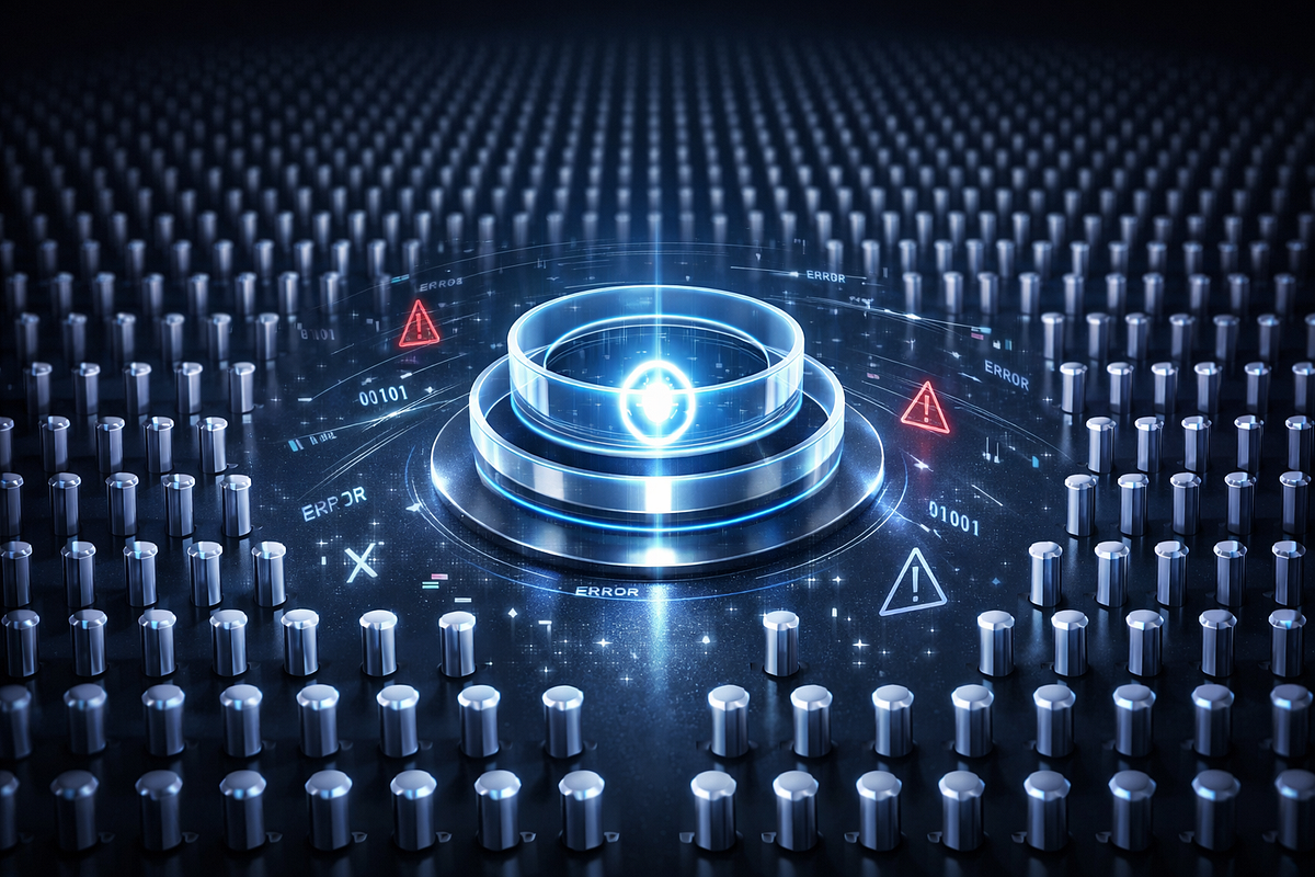 Conceptual illustration showing many physical qubits supporting a single logical qubit through quantum error correction.