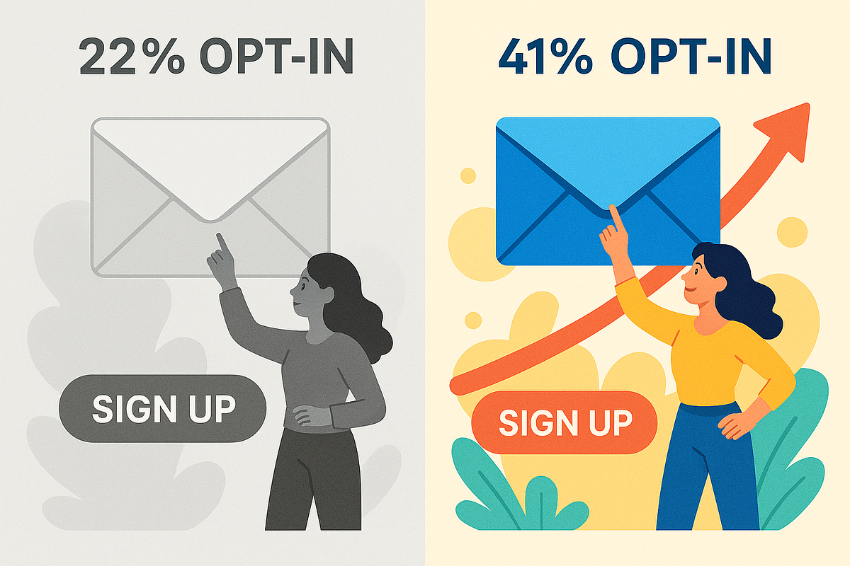 Before-and-after comparison showing opt-in rate increase from 22% to 41% after optimization.