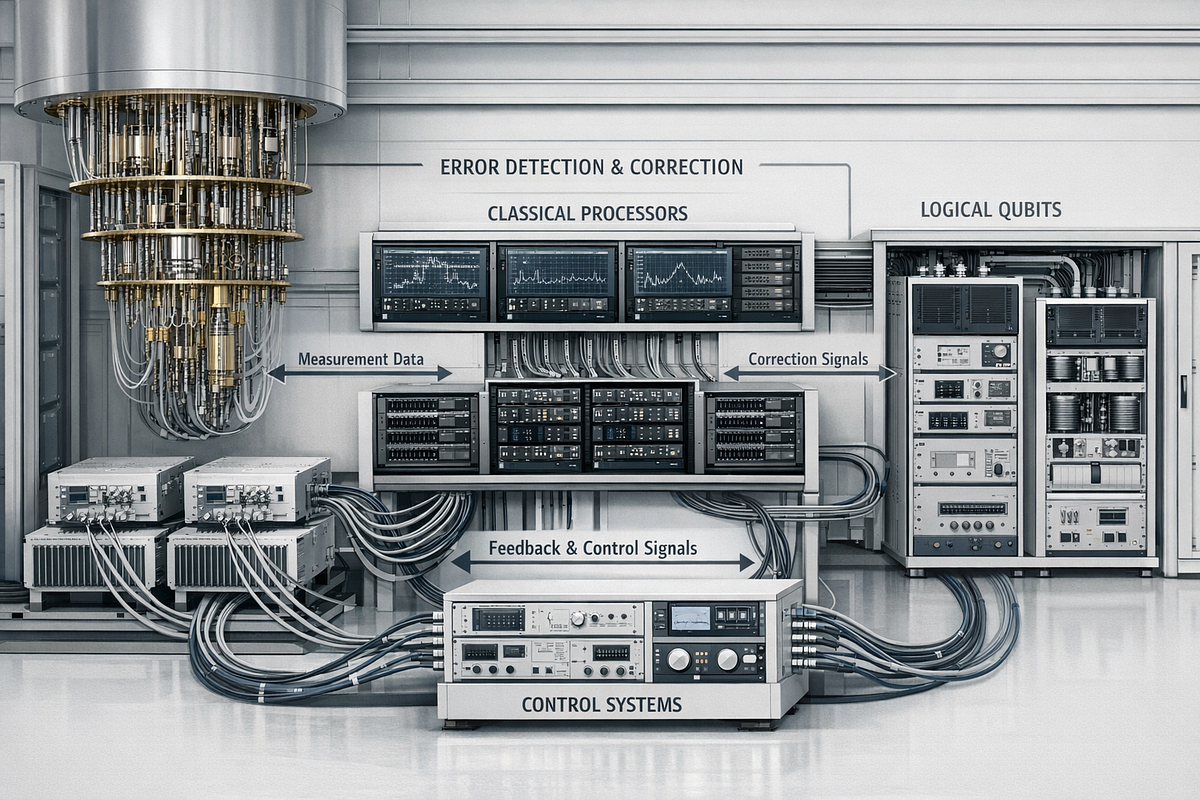 Quantum error correction infrastructure showing real-time classical feedback stabilizing logical qubits.