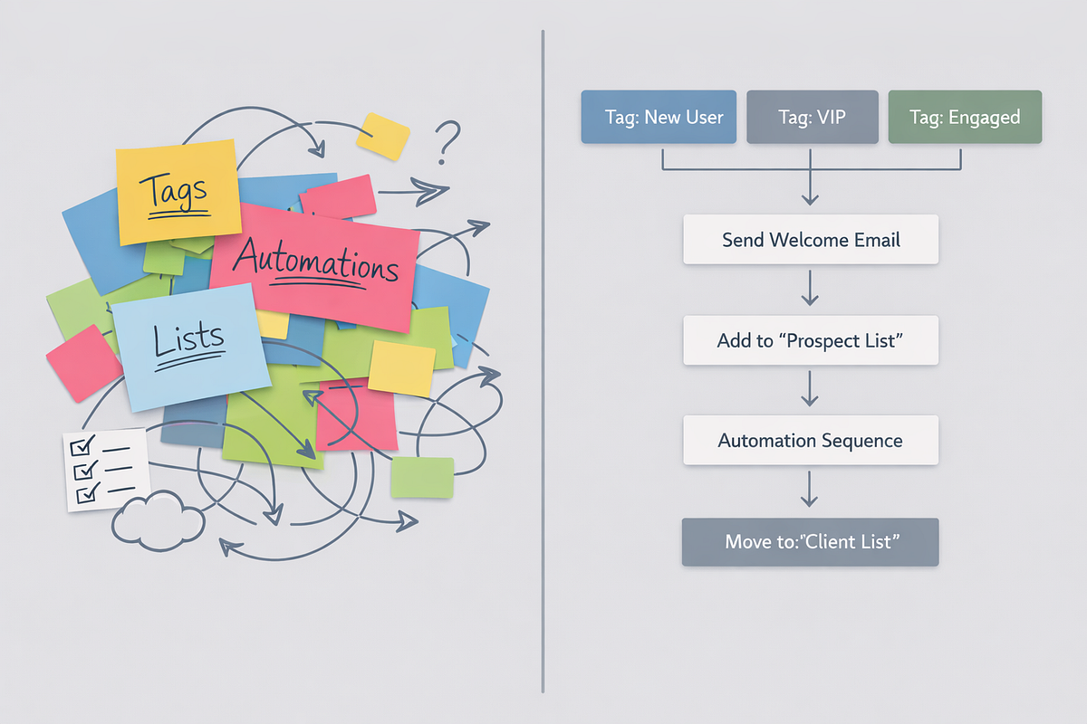 “Structured email automation system compared to chaotic tag-based workflows, illustrating KlickTipp essentials and clean automation logic.”
