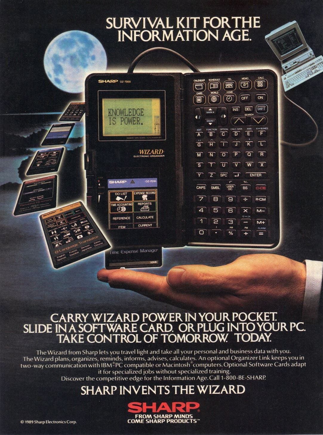 An ad for the 1989 Sharp Wizard OZ-7000, including accessories. Credit: Sharp An ad for the 1989 Sharp Wizard OZ-7000, including accessories. Credit: Sharp