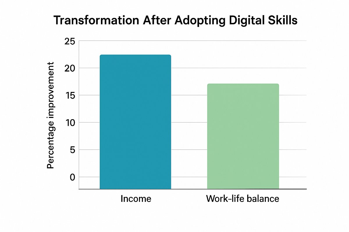 “Before-and-after chart showing income growth achieved through digital skills.”
