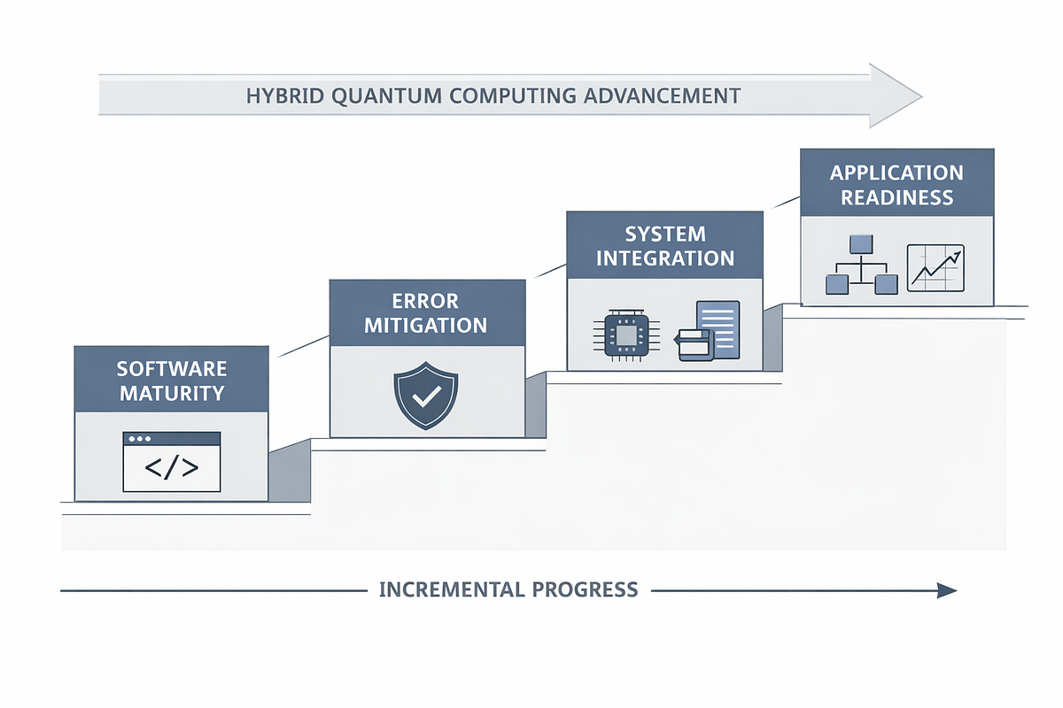 Roadmap illustrating incremental progress toward practical hybrid quantum computing systems.