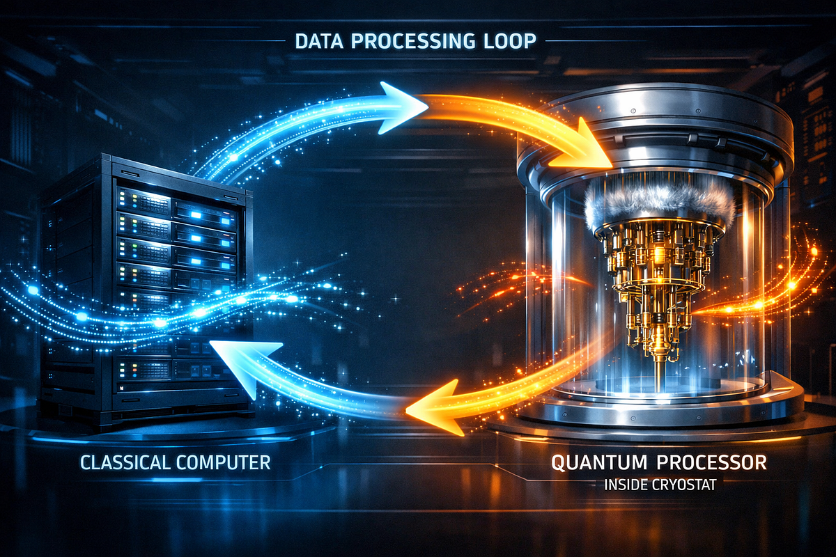 Diagram of a hybrid quantum-classical algorithm workflow loop