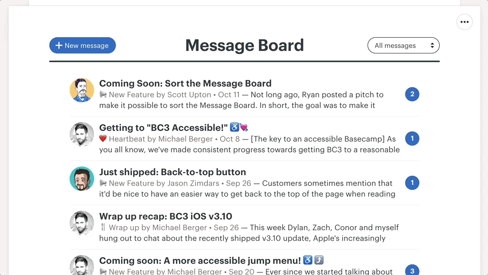 New in Basecamp: Sort the Message Board