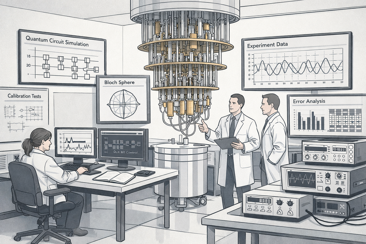 Quantum computing system depicted as an experimental platform used for learning and workflow testing rather than production workloads.