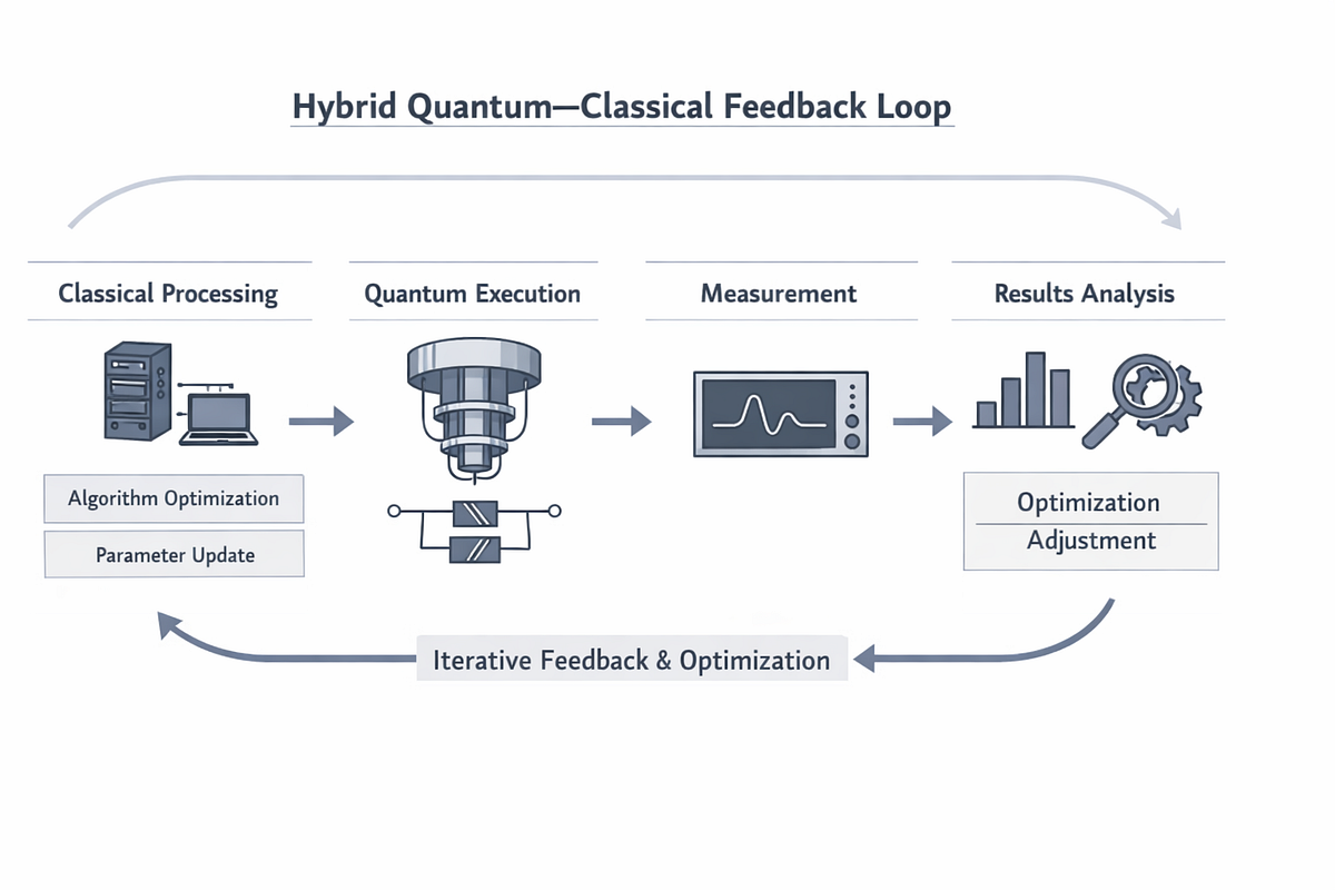 Hybrid quantum–classical workflow showing iterative feedback between classical computation and quantum execution.