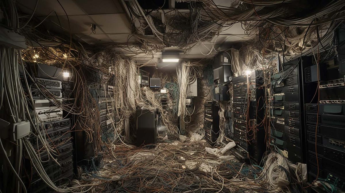 An image of a disorganized server room with cables running everywhere.