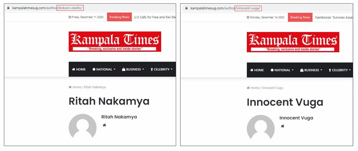 The URL for the Ritah Nakamya profile included the name Dickson Okello, while the URL for the Innocent Vuga profile reflected the correct name. (Source: Kampala Times/archive, left; Kampala Times/archive, right).