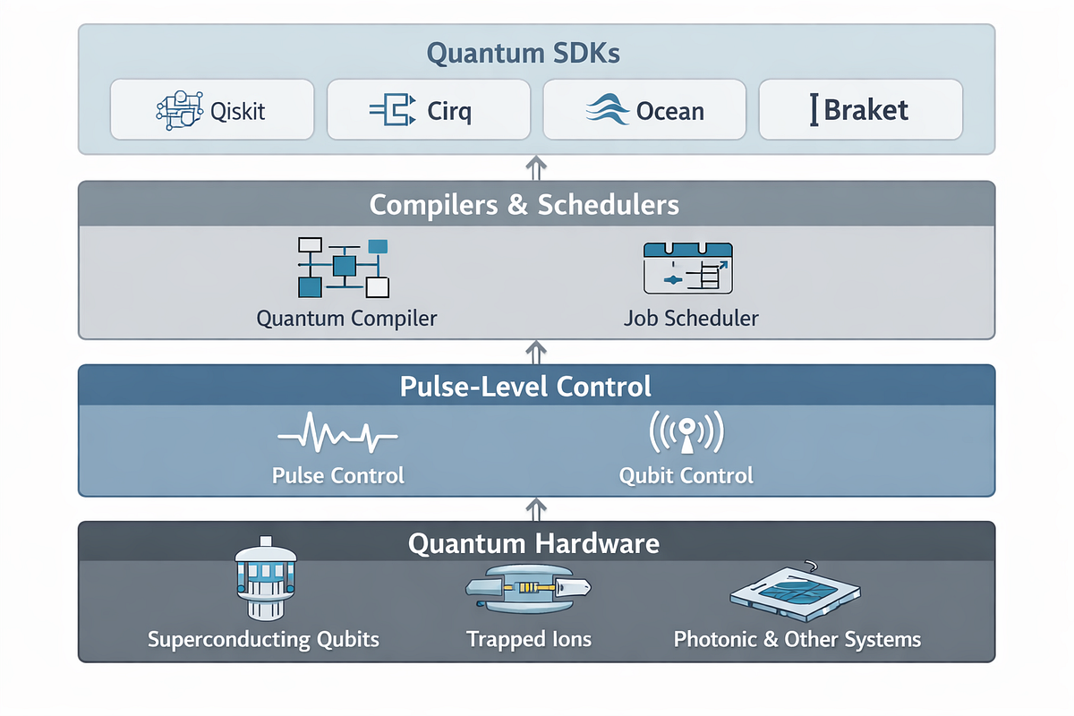 Layered diagram of a quantum computing software stack, including SDKs, compilers, control layers, and quantum hardware.
