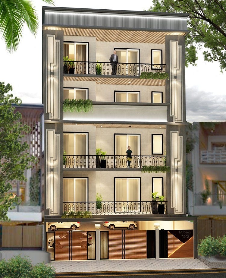 Modern multi-storey residence designed with elegant façade lighting, balconies with planters, and premium finishes — a stunning example by BestInteriorDesignersInGurgaon. This project showcases the refined taste and functional aesthetics that top InteriorDesignersInGurgaon and InteriorDecoratorsInGurgaon are known for, blending luxury with livability.