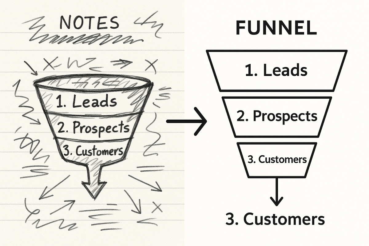 A before-and-after style image showing messy initial ideas transforming into a polished online business funnel.