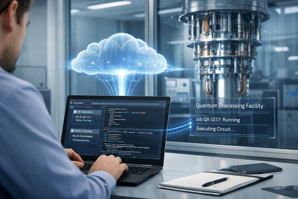 Engineer accessing a cloud-based quantum computer remotely from a workstation.